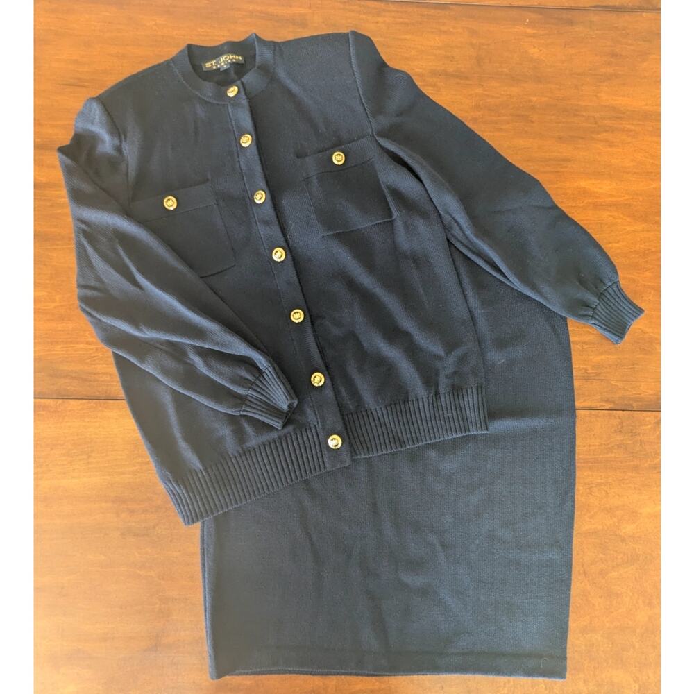 Vintage St. John Basics Black Knit Skirt Cardigan Set Gold Buttons M 12